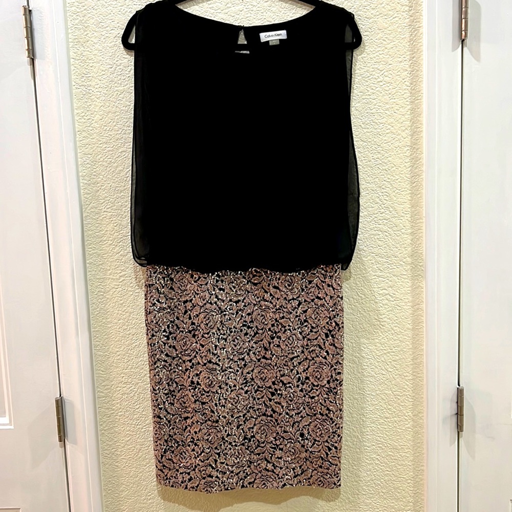 Calvin Klein Black/Rose Gold/Silver Sequins Blouson Dress with a Fitted Skirt